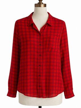 Broadway & Broome Silk Blouse Size Large Red Gray Check Plaid Button Up Top